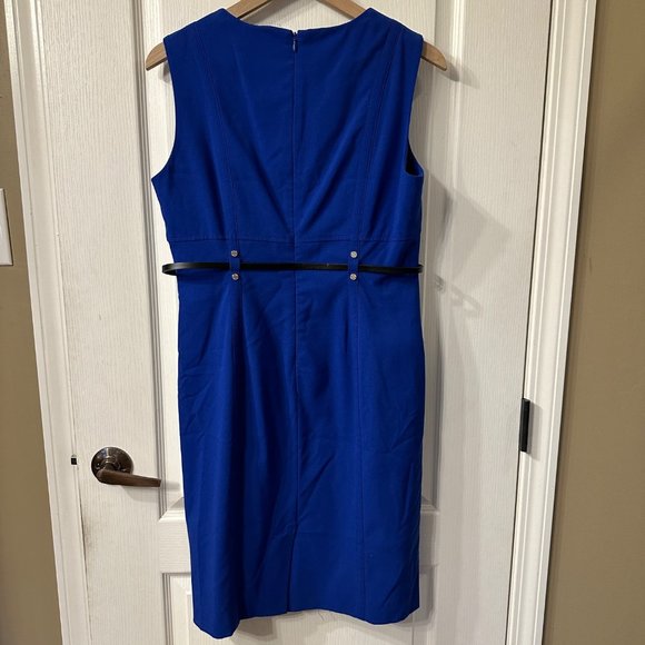 Calvin Klein | 12 Blue Belted Fitted Sheath Dress Career Ponte Knee Length - Picture 5 of 7